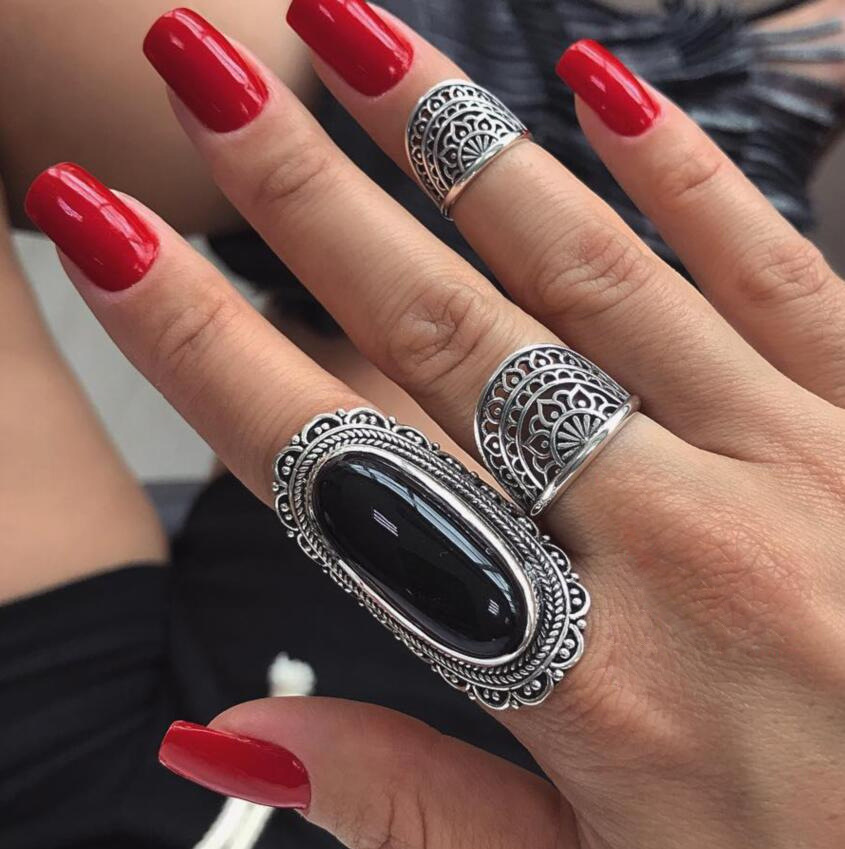 Bohemian Style Big Black Gem Ring 3-piece Ring Set