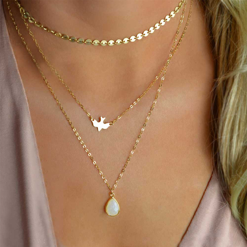 Multi Layer Alloy Necklace Swallow Opal Pendant Necklace-golden