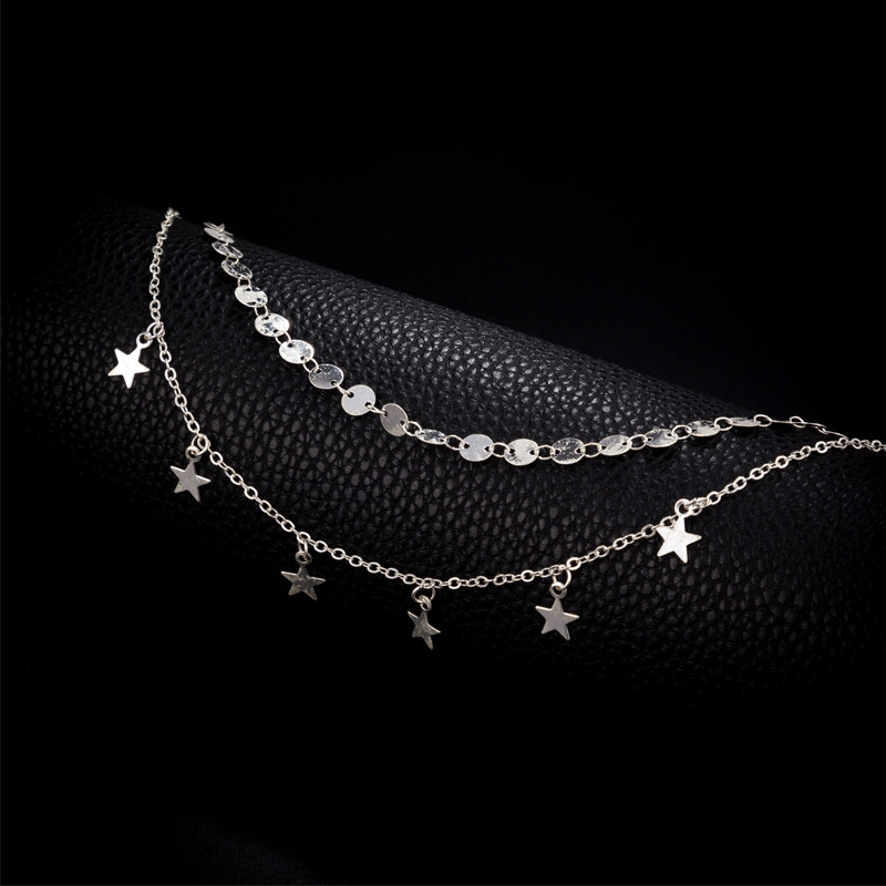 Multi Layer Metal Necklace Round Piece Star Tassel Hem Clavicle Chain-silvery