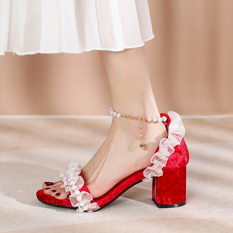 Lace Lolita Pearl Beaded Ruffle Suede Thick Heel Women's Shoes-red