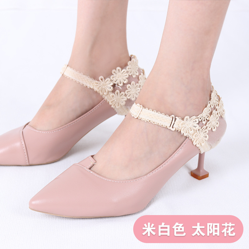 High Heeled Shoes Anti Falling Artifact Sexy Fashion Lace Flower Heel Cover Fixed Shoes No Heel Strap-beige