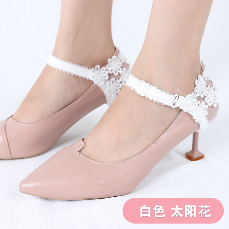 High Heeled Shoes Anti Falling Artifact Sexy Fashion Lace Flower Heel Cover Fixed Shoes No Heel Strap-white