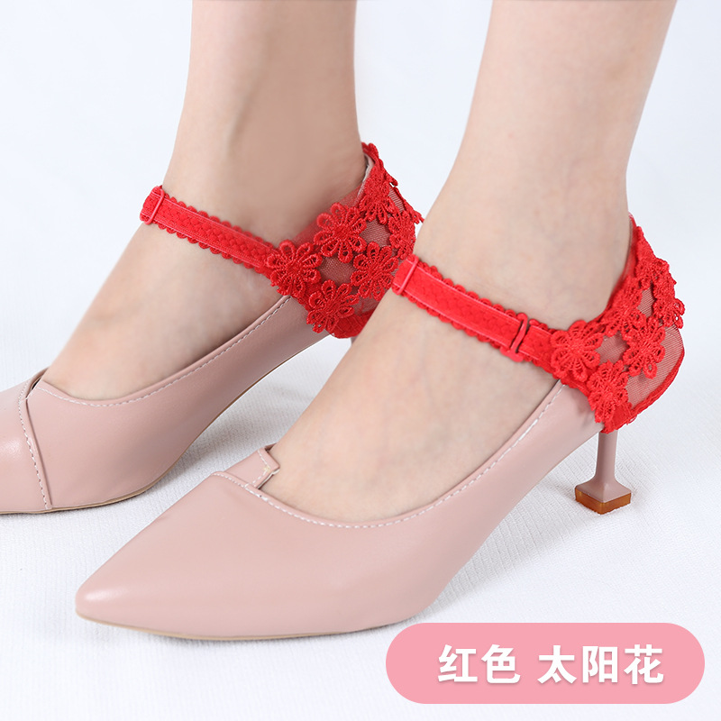 High Heeled Shoes Anti Falling Artifact Sexy Fashion Lace Flower Heel Cover Fixed Shoes No Heel Strap-red