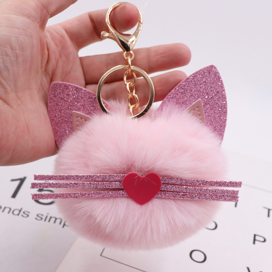 Gretel Pu Leather Beard Cat Plush Key Chain Cute Pink Cat Bag Key Chain-3