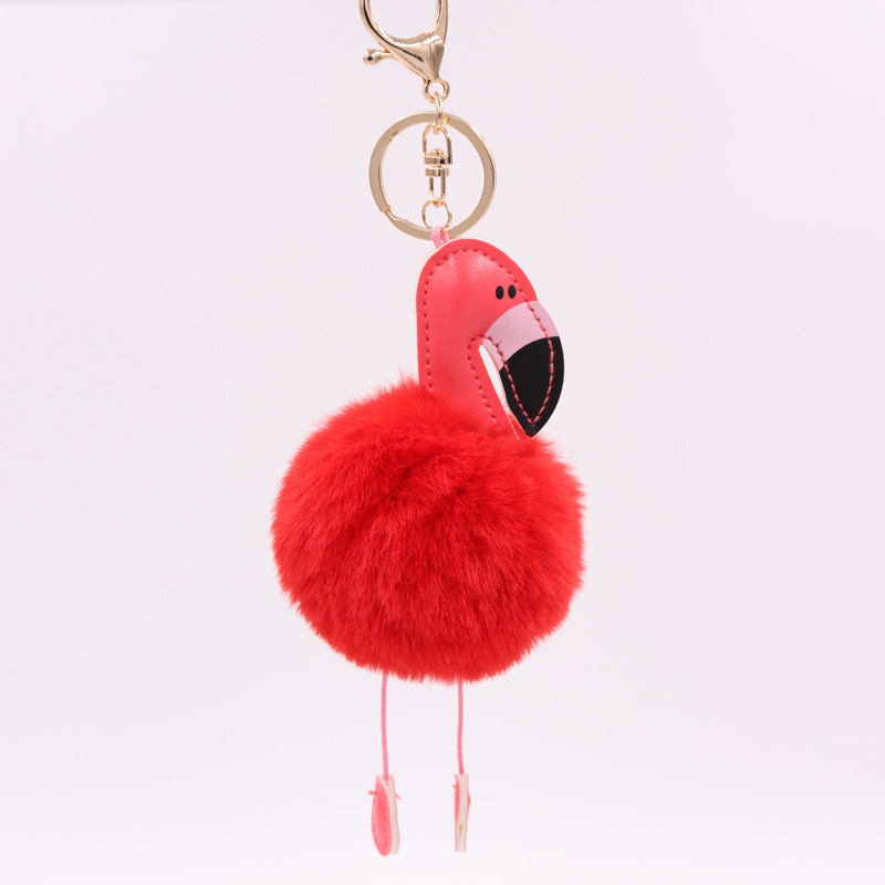 Creative Pu Leather Red Flamingo Hair Ball Key Ring Big Beaked Bird Fur Bag Hair Ball Pendant-1