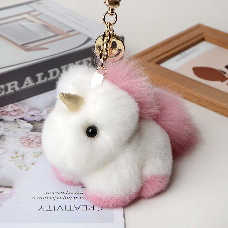 Rex Rabbit Fur Unicorn Pendant Fur Bag Pendant Cute Plush Doll Dream Little White Horse Car Key Chain-1