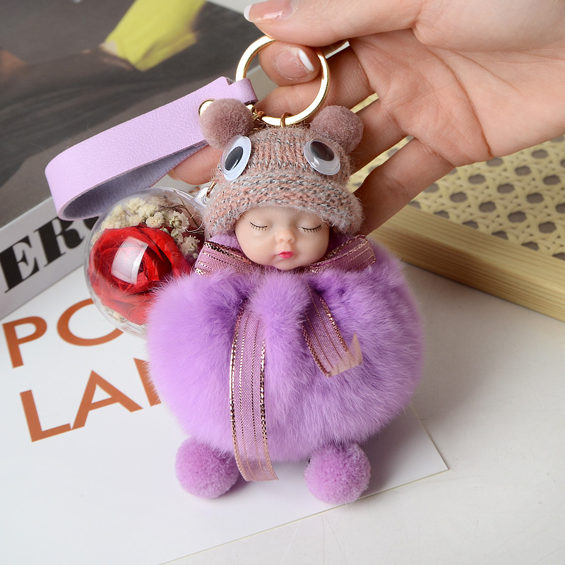 Lovely Rex Rabbit Wool Sleep Doll Immortal Flower Car Plush Key Chain Bag Pendant-8