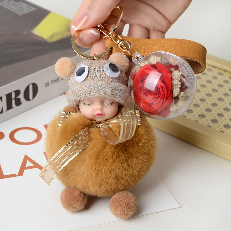 Lovely Rex Rabbit Wool Sleep Doll Immortal Flower Car Plush Key Chain Bag Pendant-10