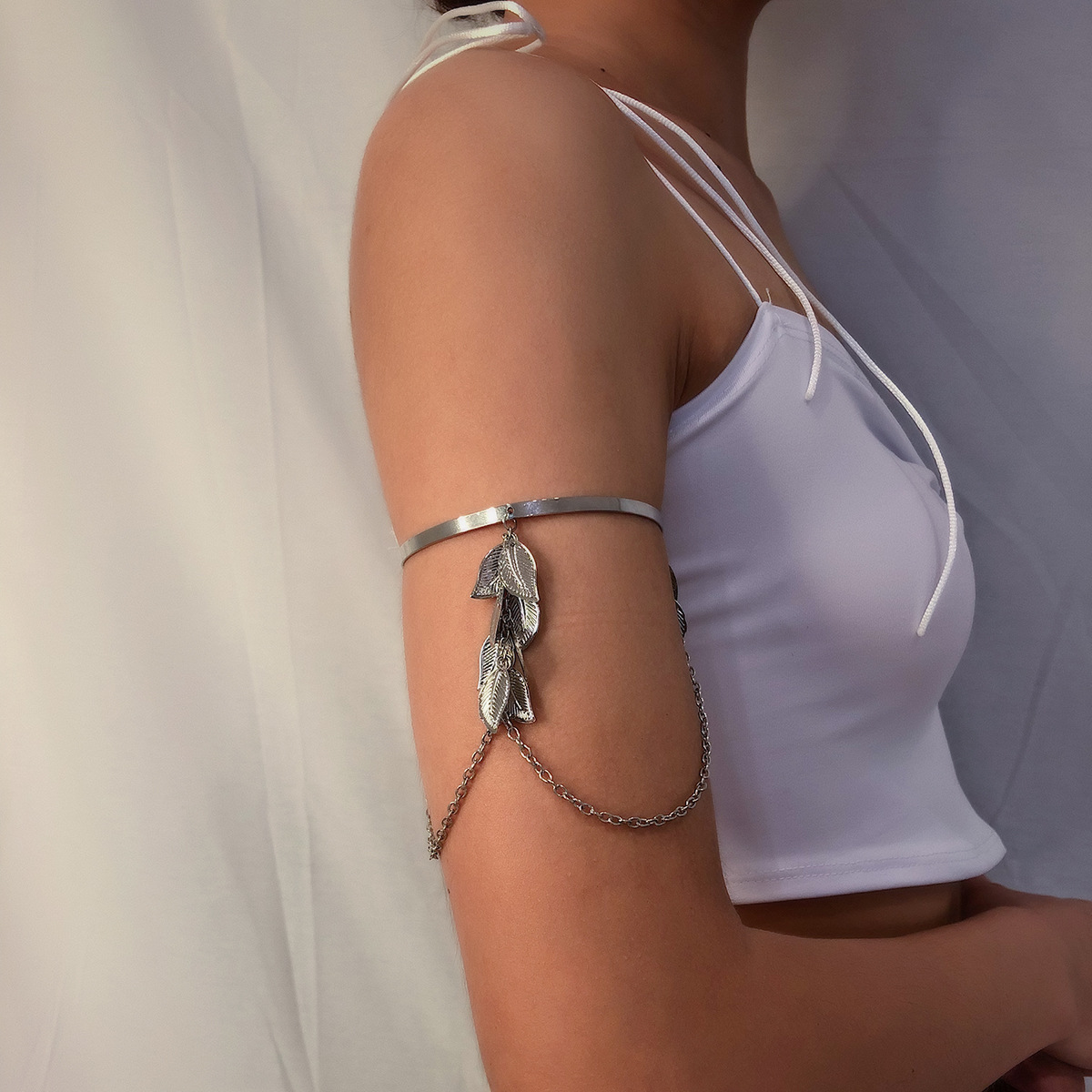 Open Hand Ornament Geometric Leaves Tassel Chain Pendant Arm Bracelet-silvery