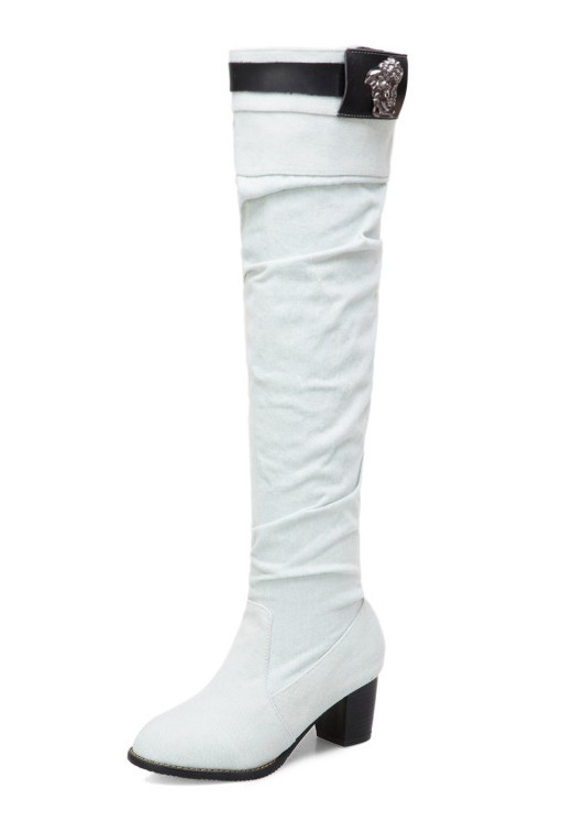 Denim Women's Boots Thick Heel High Heel Velvet High Tube Boots-white