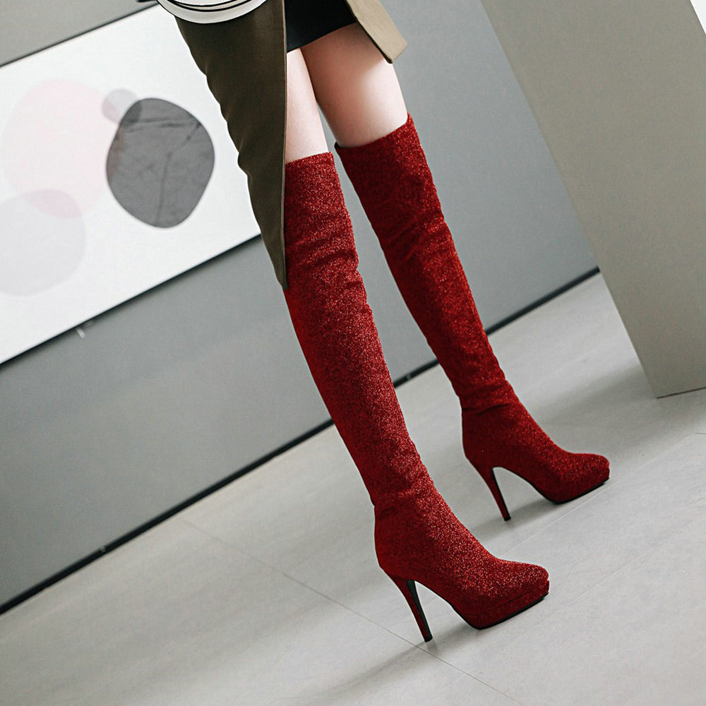 Gold Silk Bright Face Thin Heel Super High Heel Elastic Knee High Boots red on Luulla