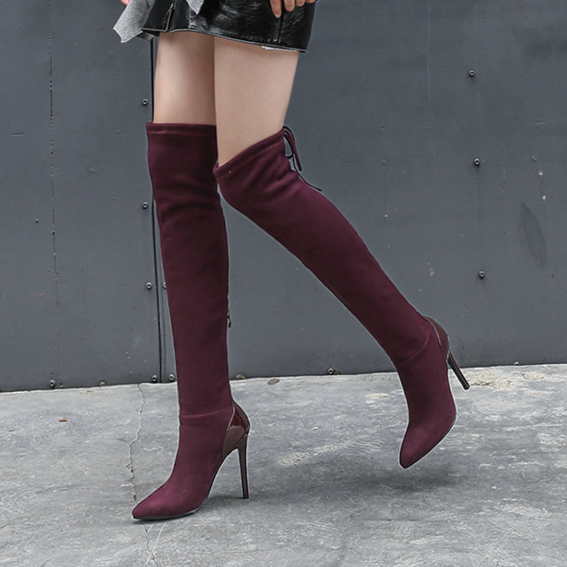Pointed Suede Elastic High Heels Knee Boots-wine Red