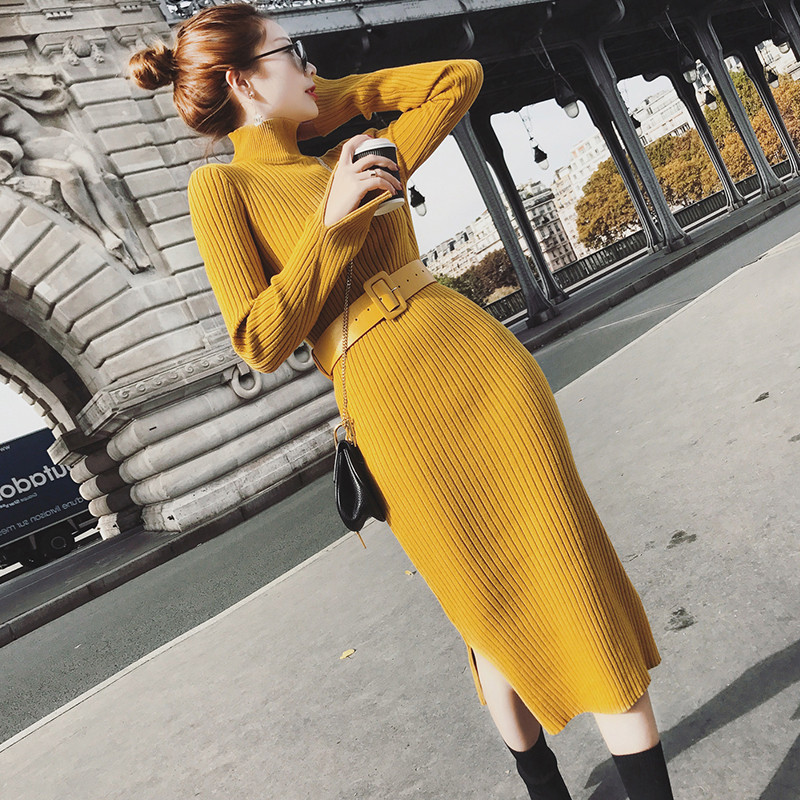 Yellow Medium And Long Knitted Slim Bottomed Sweater Dress ( Belt)