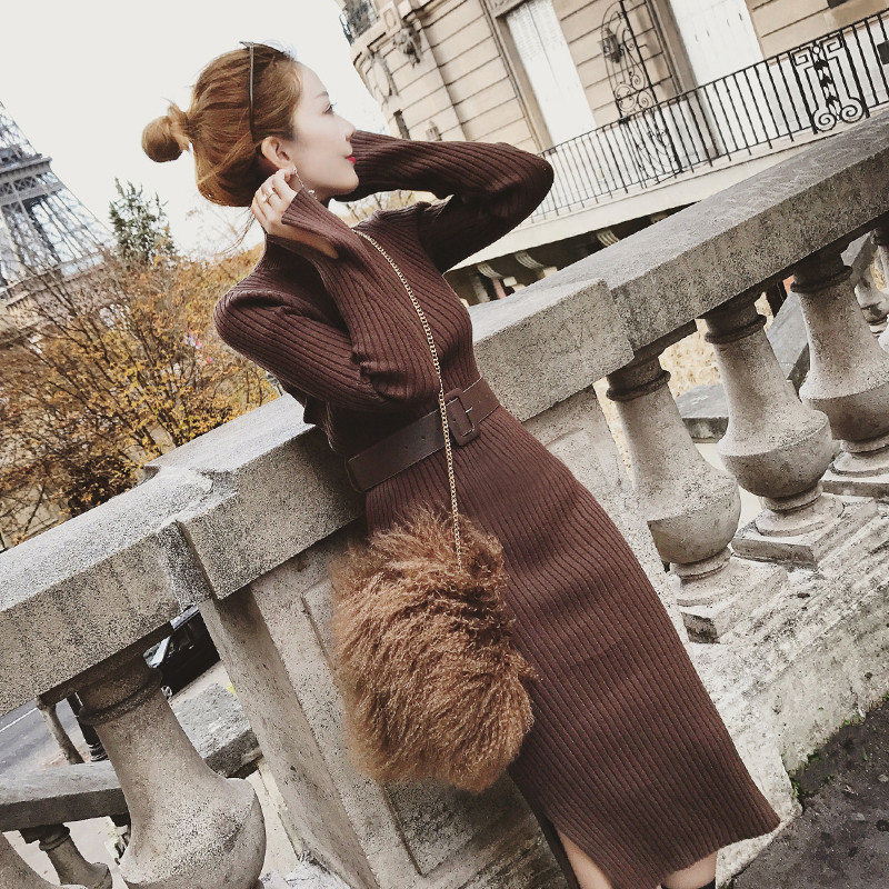Coffee Medium And Long Knitted Slim Bottomed Sweater Dress ( Belt)