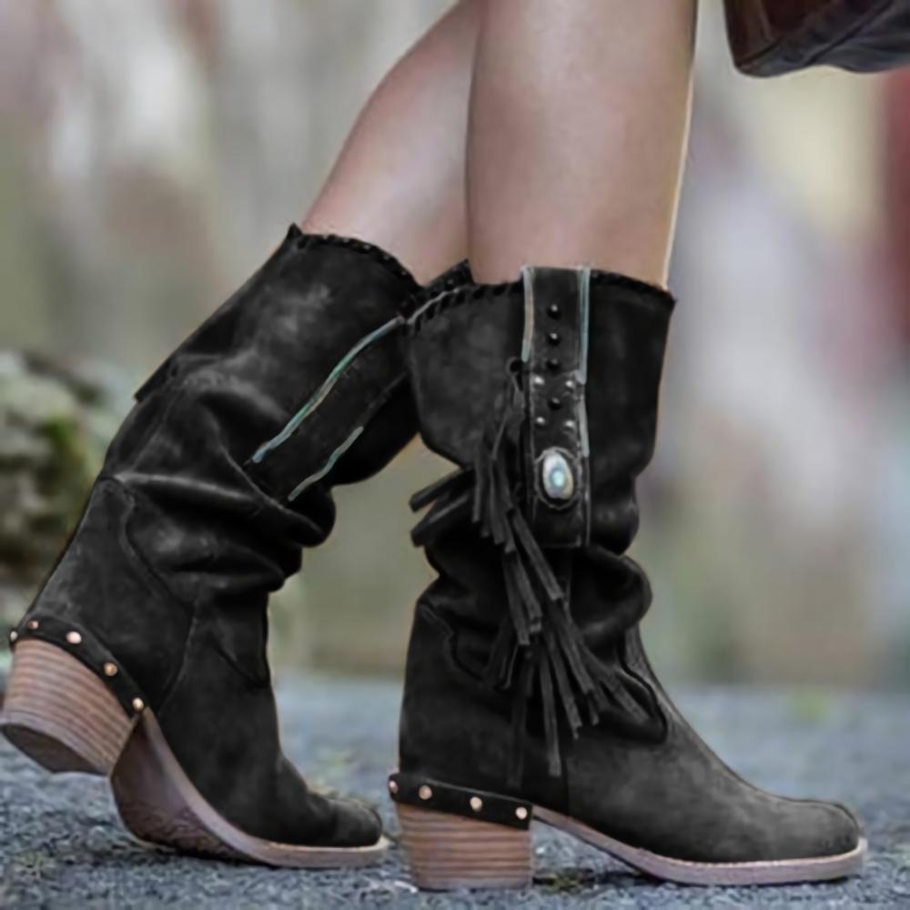 Black Autumn And Winter Thick Heel Medium Tube British Fashion Retro Women's Boots