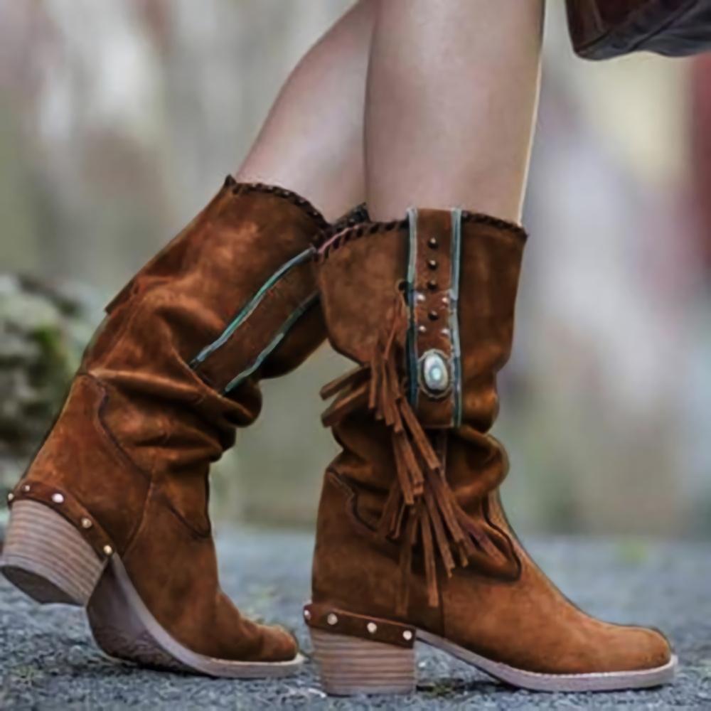 Dark Brown Autumn And Winter Thick Heel Medium Tube British Fashion Retro Women's Boots