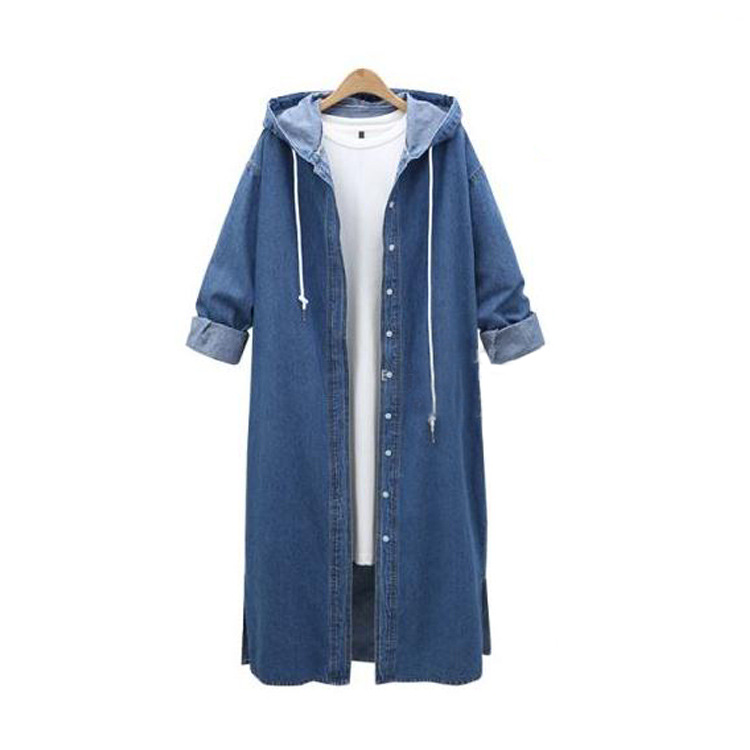 Dark Blue Autumn And Winter Hooded Long Sleeved Denim Coat Single Breasted Long Windbreaker