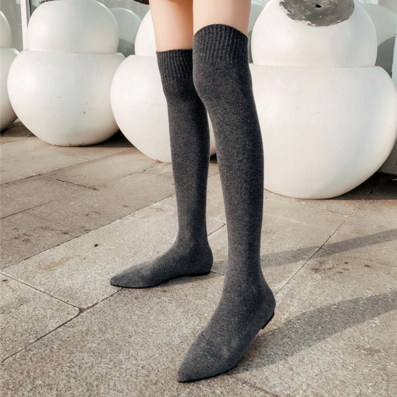 Dark Gray Elastic Over Knee Flat Bottomed Pointed Knitted Boots