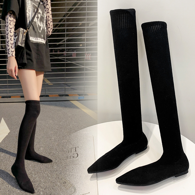 Black Elastic Over Knee Flat Bottomed Pointed Knitted Boots