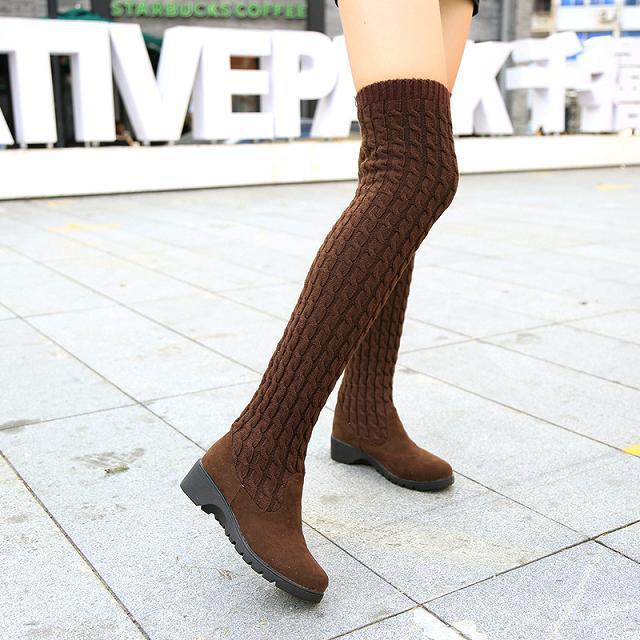 Brown Knitted Wool High Barrel Flat Bottomed Over Knee Elastic Boots