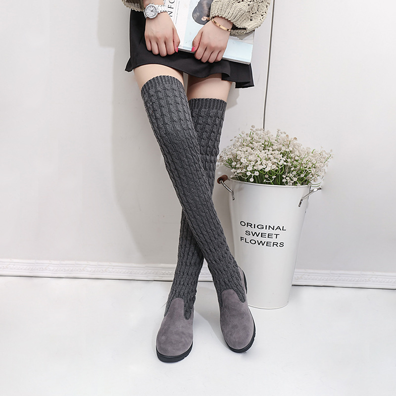 Gray Knitted Wool High Barrel Flat Bottomed Over Knee Elastic Boots