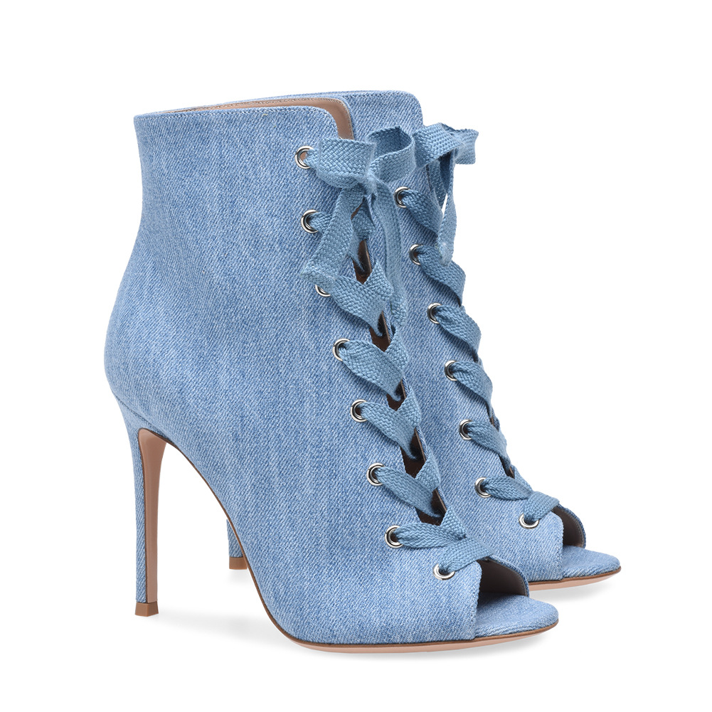 Blue(Denim)) Ultra High Heel Fish Mouth Lace Up Boots