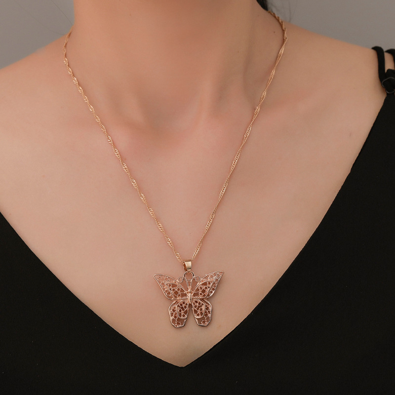 Golden Hollow Double-layer Metal Butterfly Necklace