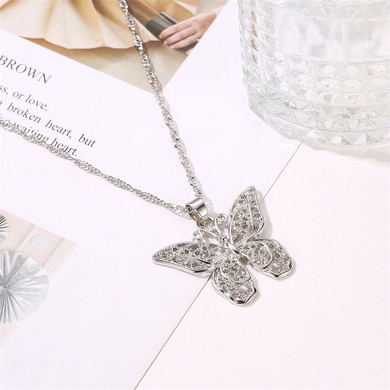 Silvery Hollow Double-layer Metal Butterfly Necklace