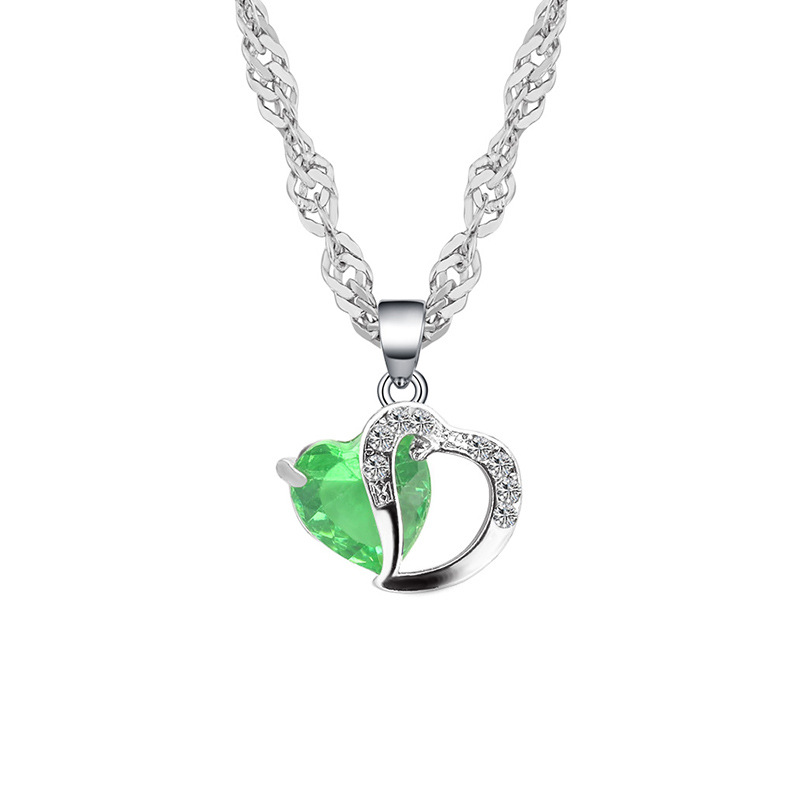 Green Peach Heart Shaped Zircon Crystal Necklace Collarbone Chain Sweater Chain