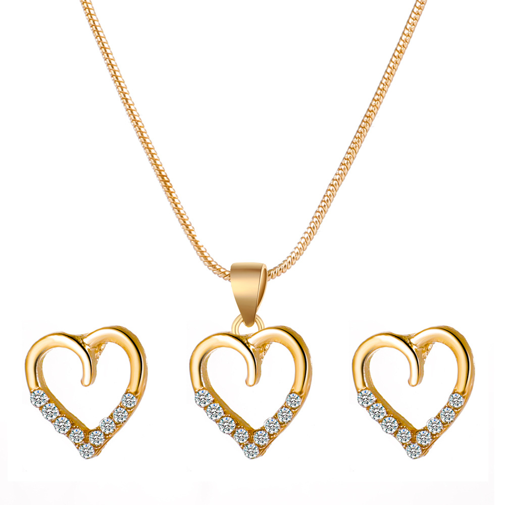 Love Necklace Earrings Set Metal Zircon Peach Heart Sweater Chain Two Piece Set Of Accessories