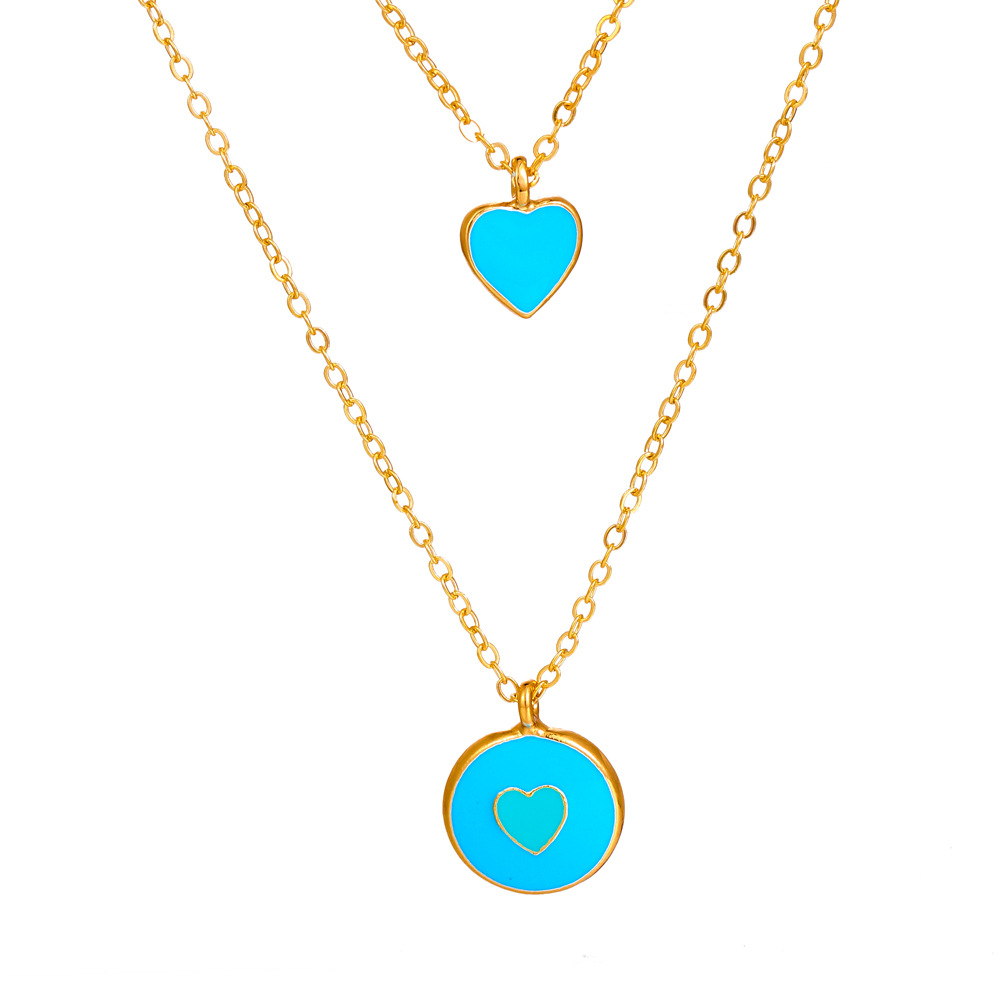 Blue Multicolor Oil Dripping Peach Heart Lock Multi-layer Necklace