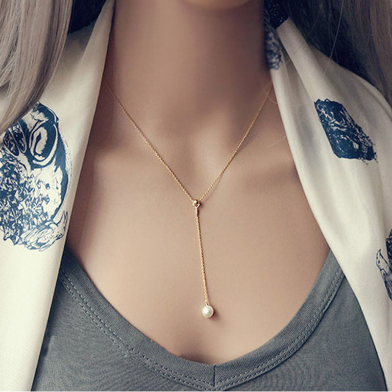 Golden Y-shaped Adjustable Single Imitation Pearl Necklace Female Clavicle Chain