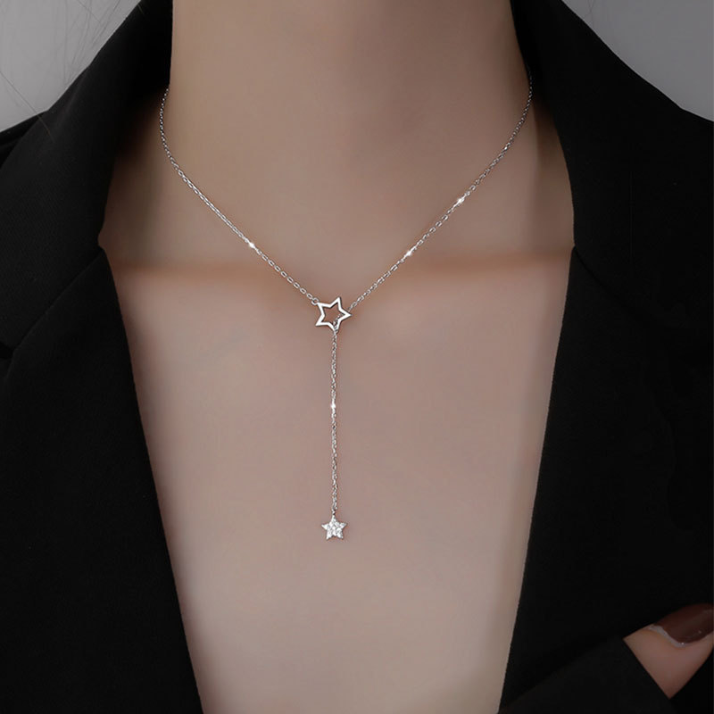 Silvery Diamond Star Necklace Hollow Clavicle Chain