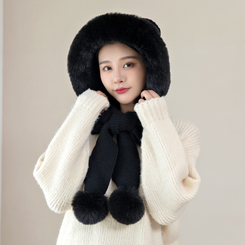 Black Plush Warm Knitted Wool Hat Autumn And Winter Hat Scarf Integrated Hat