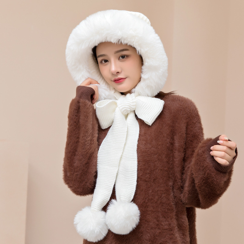White Plush Warm Knitted Wool Hat Autumn And Winter Hat Scarf Integrated Hat