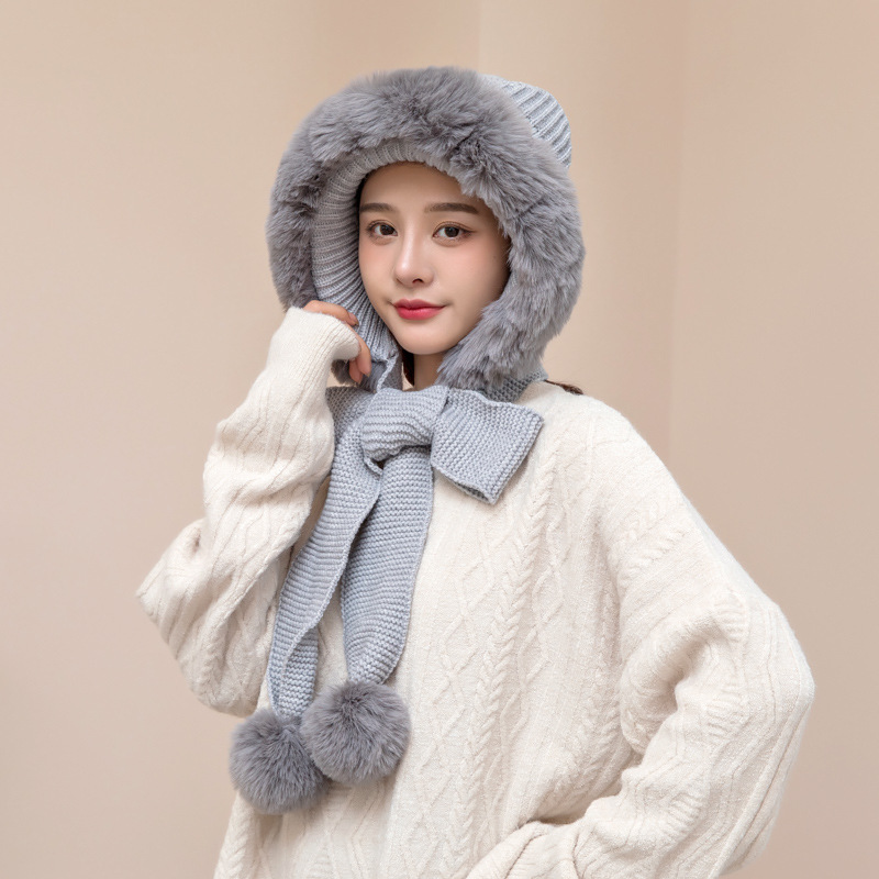 Gray Plush Warm Knitted Wool Hat Autumn And Winter Hat Scarf Integrated Hat