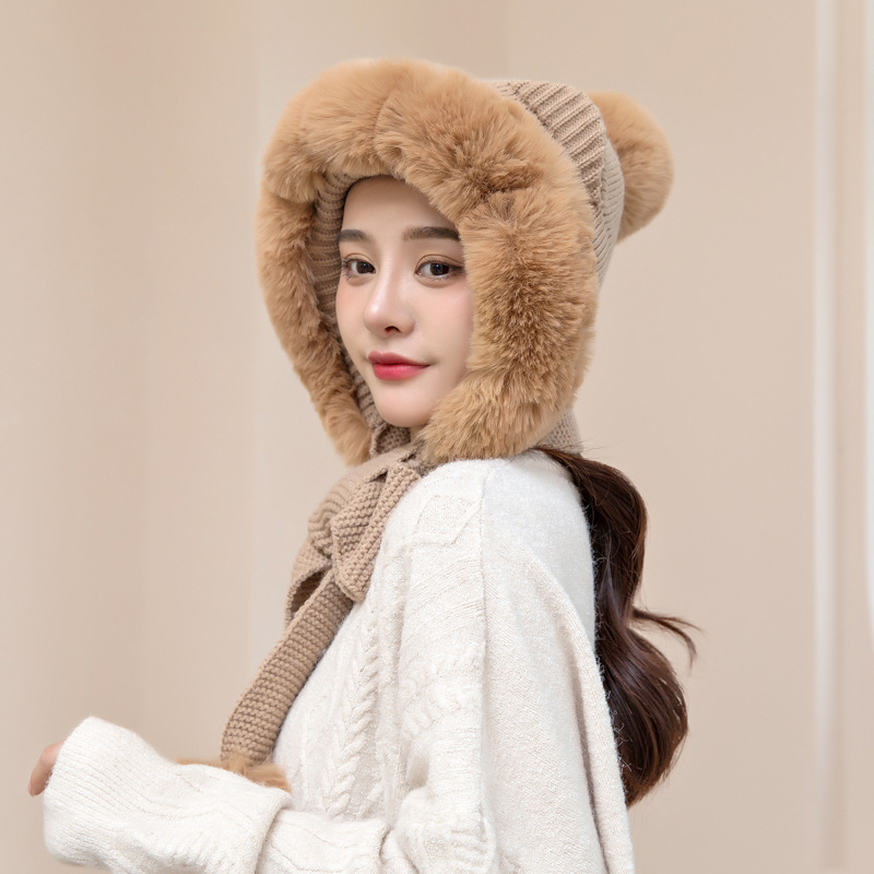 Khaki Plush Warm Knitted Wool Hat Autumn And Winter Hat Scarf Integrated Hat
