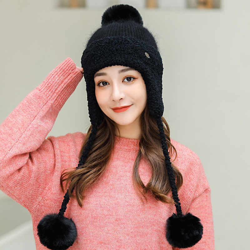 Black Winter Thickened Knitted Wool Cap Ear Protection Cap