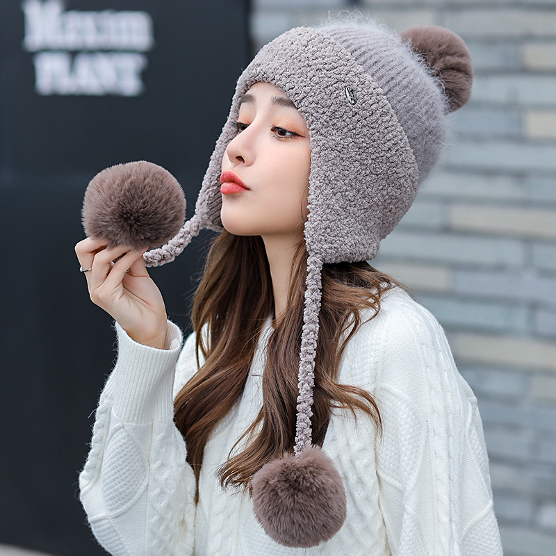 Gray Brown Winter Thickened Knitted Wool Cap Ear Protection Cap