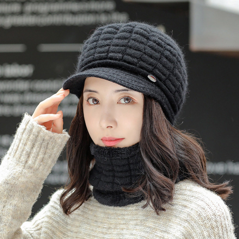 Black Warm Scarf Versatile Knitted Winter Cold Proof Wool Hat Set