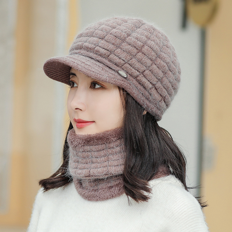 Khaki Warm Scarf Versatile Knitted Winter Cold Proof Wool Hat Set