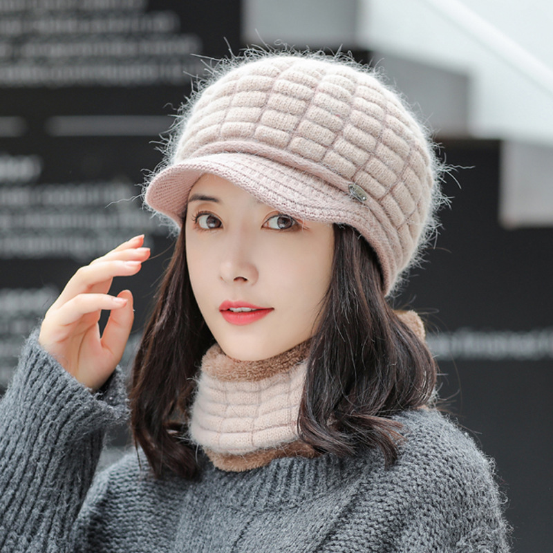 Beige Warm Scarf Versatile Knitted Winter Cold Proof Wool Hat Set