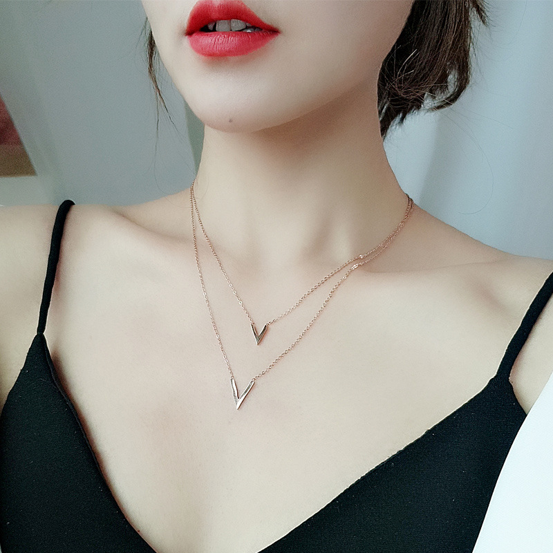 Titanium Steel Double-layer V-shaped Pendant Clavicle Chain