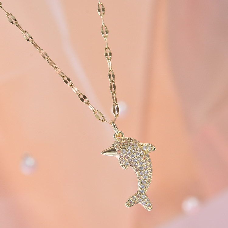 Titanium Steel Gold Diamond Studded Dolphin Necklace