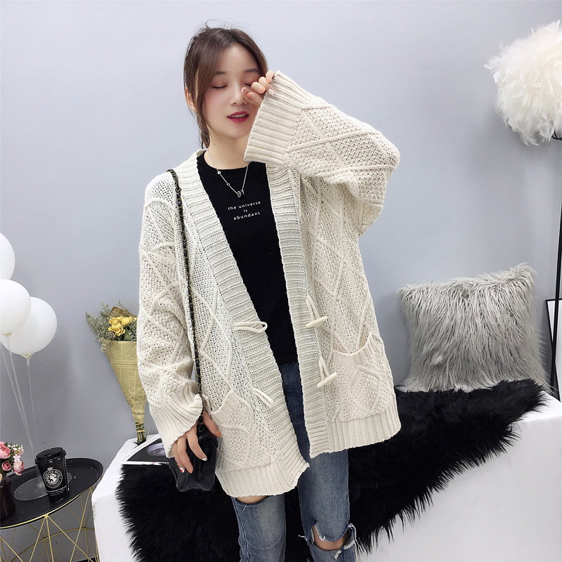 Beige Cable Knit Solid Pockets Loose Dropped Shoulder Sweater