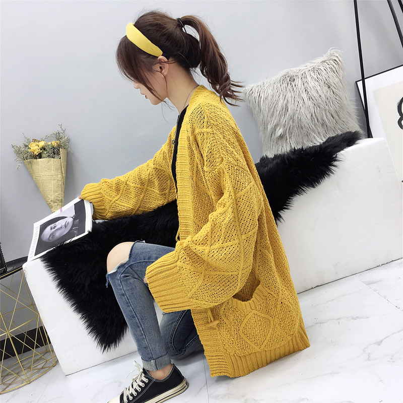 Yellow Cable Knit Solid Pockets Loose Dropped Shoulder Sweater