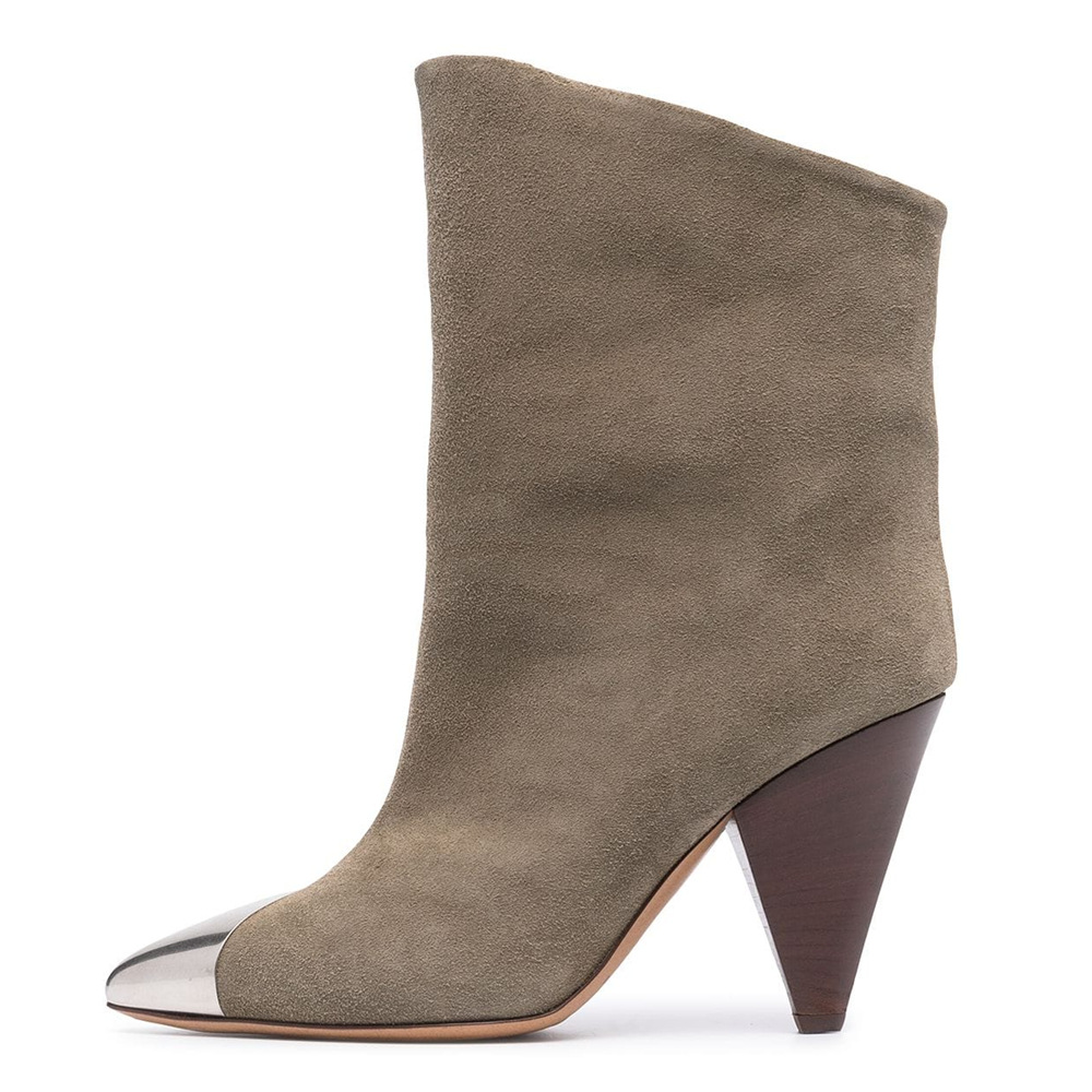 Khaki Autumn And Winter High-heeled Cowhide Pointed Fashion Short Boots