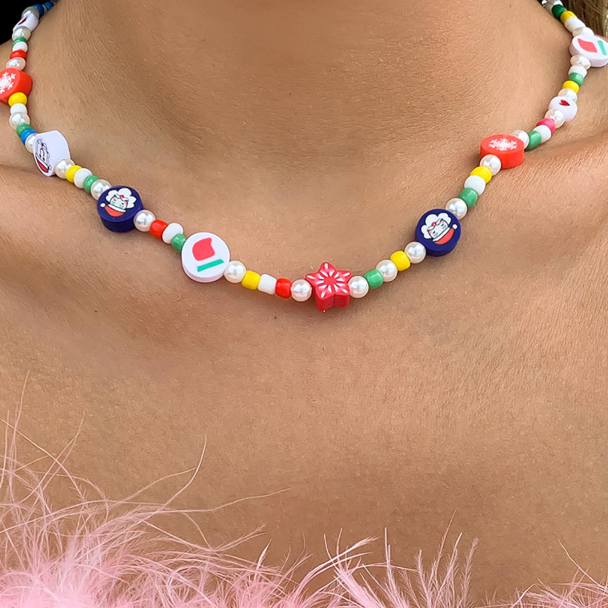 Colorful Christmas Funny Imitation Pearl Necklace Soft Pottery Pattern Beaded Necklace-2