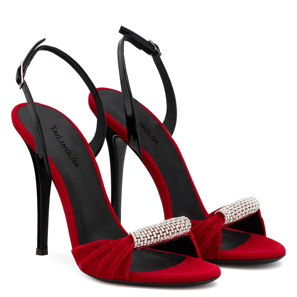 Velvet Rhinestone Super High Heel Sandals Dinner Shoes Fashion Women's Shoes