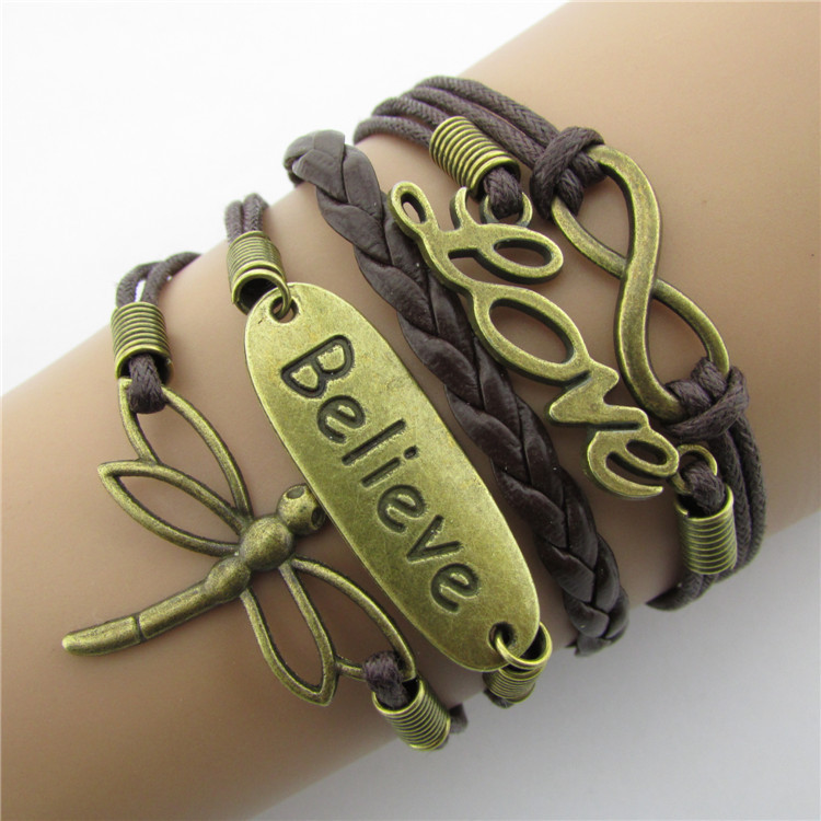 Believe Dragonfly Love 8-shaped Multi Strand Wax Rope Woven Bracelet